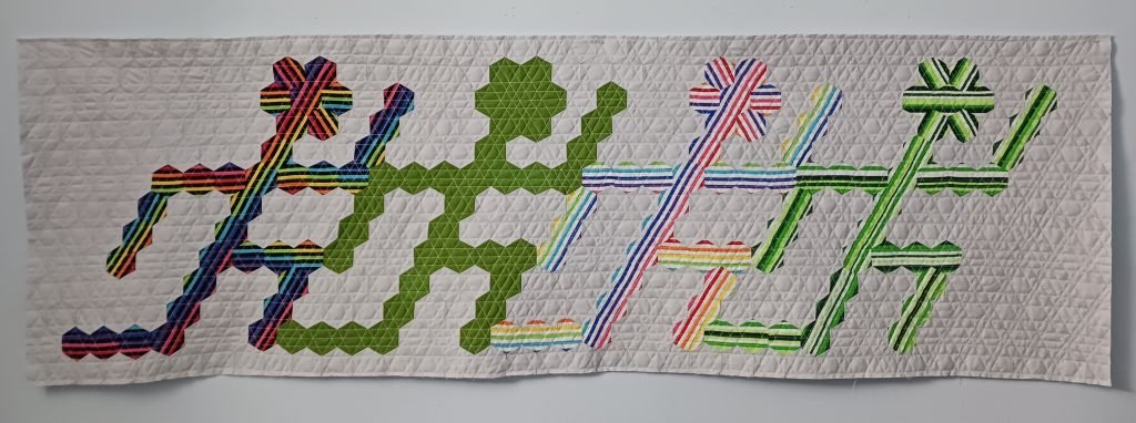 Striped hexagons form running figures.